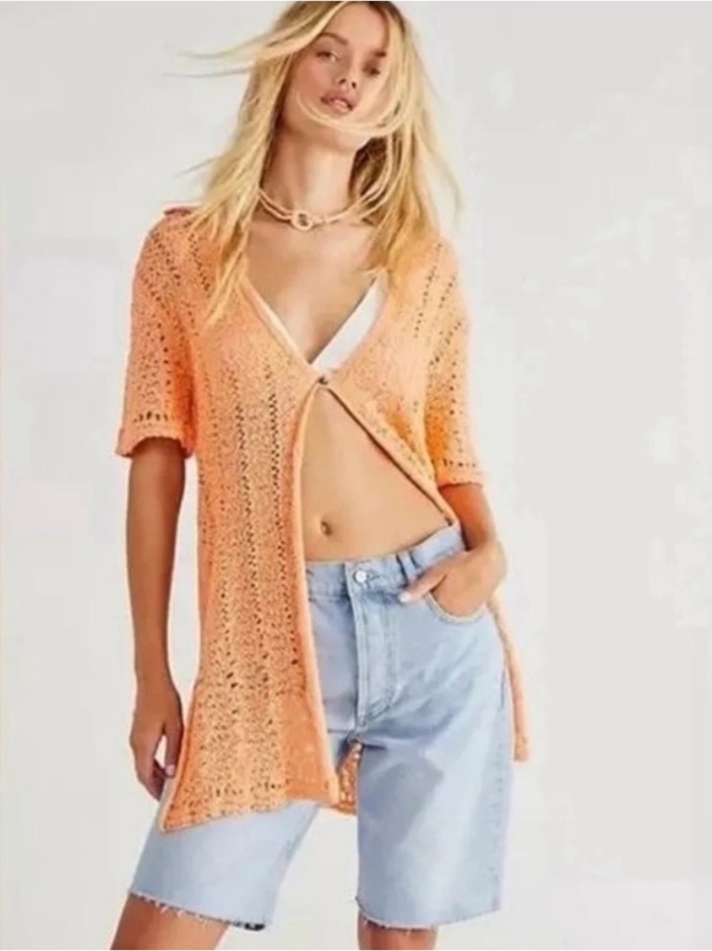 Free People Peach Crochet Open Knit Top